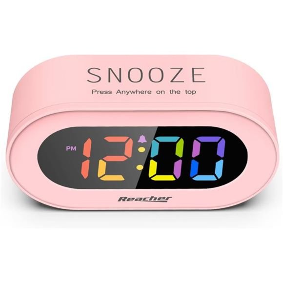 Pink Girls Alarm Clock, Dimmable Colorful LED Digital Display, USB Phone Charger - Picture 2 of 7